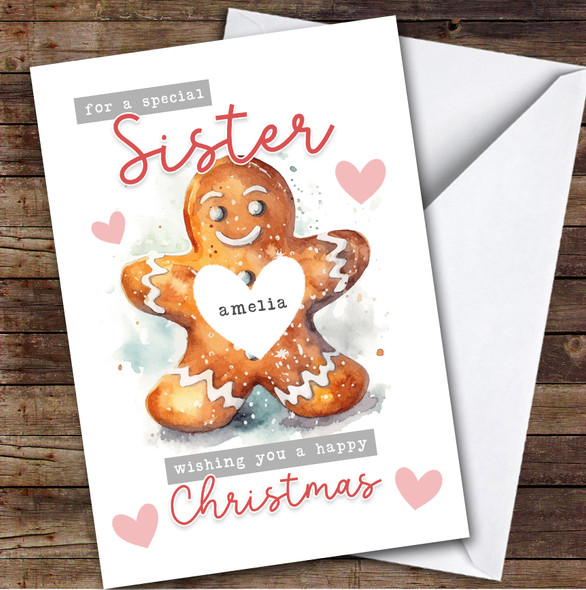 Sister Gingerbread Man Cookie Custom Greeting Personalised Christmas Card