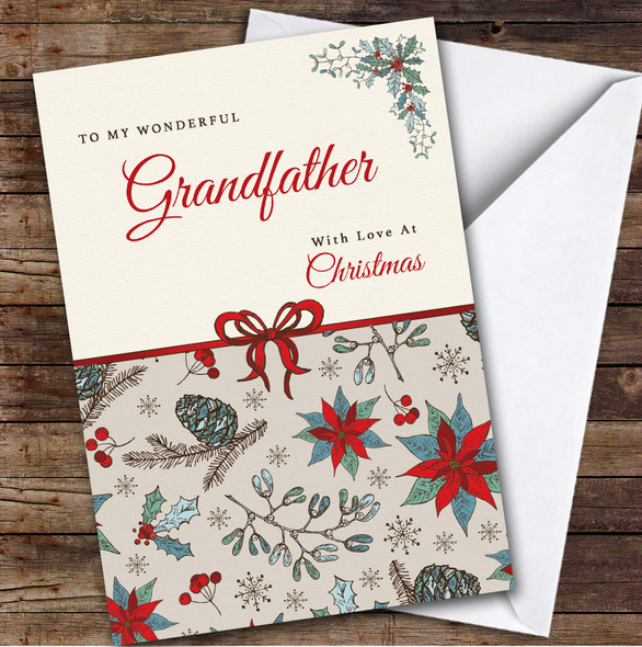 Grandfather Vintage Floral Custom Greeting Personalised Christmas Card