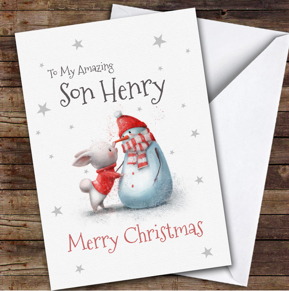 Son Bunny With Snowman Custom Greeting Personalised Christmas Card