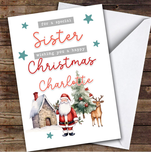Sister Santa Scene Custom Greeting Personalised Christmas Card