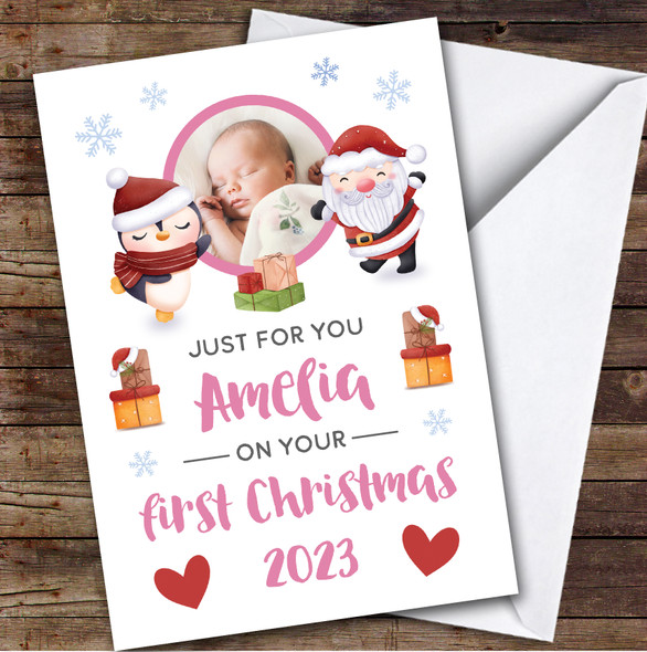 Baby Girl 1st First Xmas Photo Santa Custom Greeting Personalised Christmas Card
