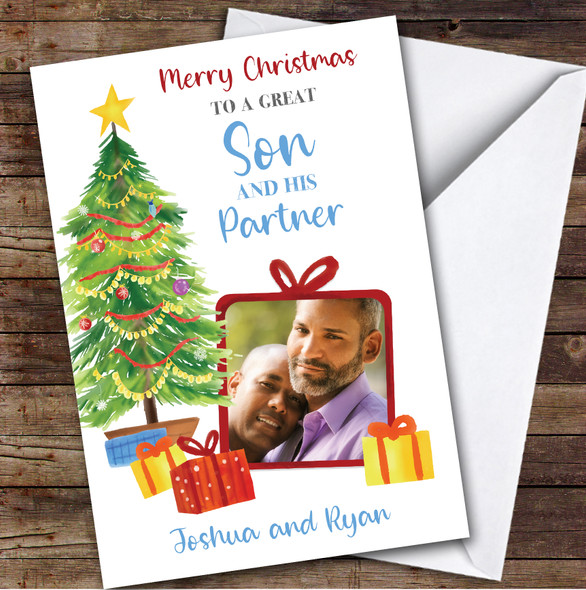 Son and His Partner Tree Gift Photo Custom Greeting Personalised Christmas Card