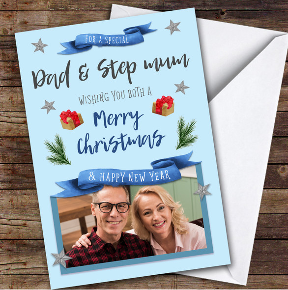 Dad & Step Mum Merry Gift Photo Custom Greeting Personalised Christmas Card