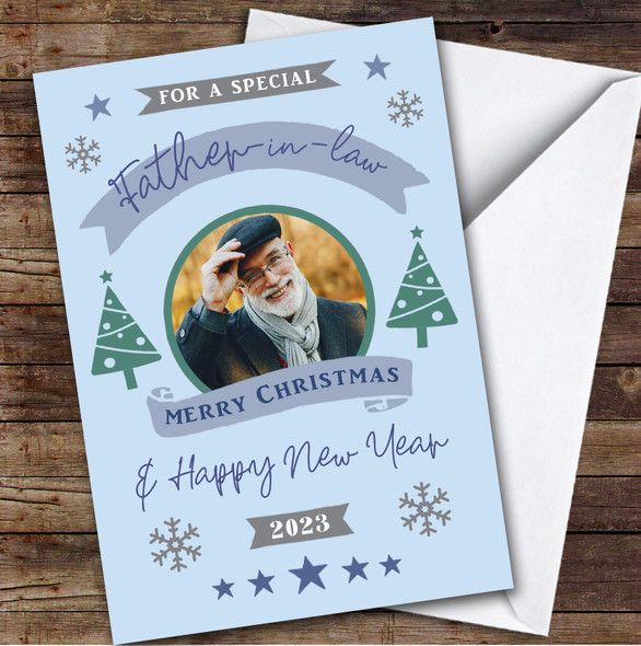 Father-in-law Photo Banner Tree Custom Greeting Personalised Christmas Card