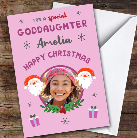 Goddaughter Santa Pink Photo Custom Greeting Personalised Christmas Card