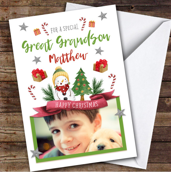 Great Grandson Snowman Photo Custom Greeting Personalised Christmas Card