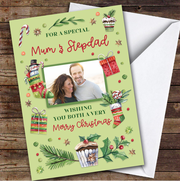 Mum & Stepdad Photo Cupcake Custom Greeting Personalised Christmas Card