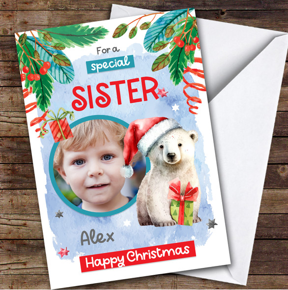 SISTER Polar Bear Photo Custom Greeting Personalised Christmas Card