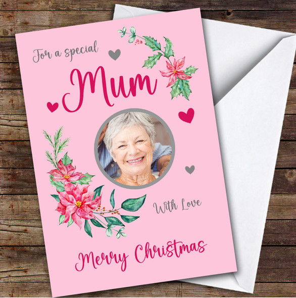 Mum Merry Floral Photo Custom Greeting Personalised Christmas Card