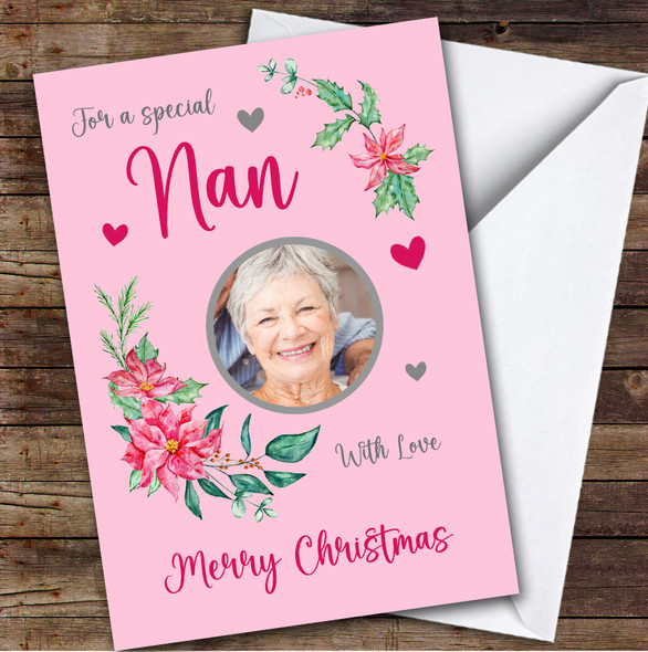 Nan Merry Floral Photo Custom Greeting Personalised Christmas Card