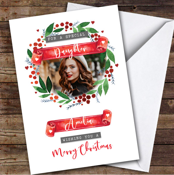 Daughter Wreath Photo Custom Greeting Personalised Christmas Card