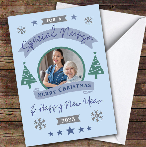 Nurse Photo Blue Tree Custom Greeting Personalised Christmas Card