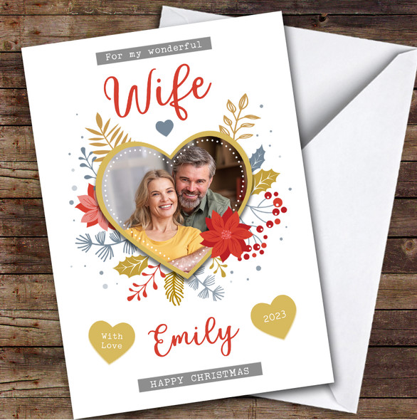Wife Gold Heart Photo Custom Greeting Personalised Christmas Card