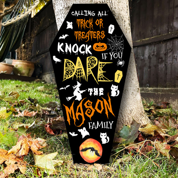 Trick Treaters Welcome To Knock Black Orange Coffin Personalised Halloween Sign