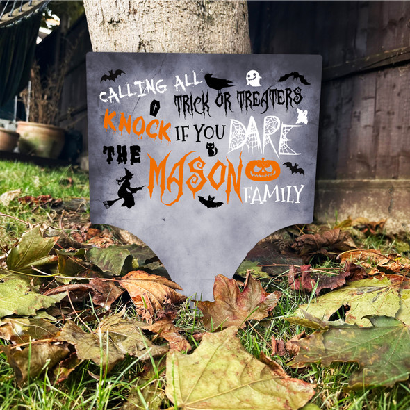 Trick Treaters Welcome Knock Blue Grey Personalised Garden Stake Halloween Sign