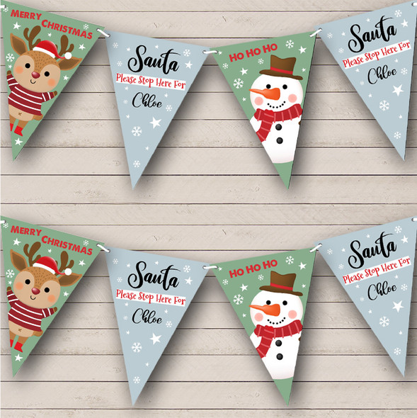 Santa Stop Here Snowman And Reindeer Personalised Christmas Decoration Bunting