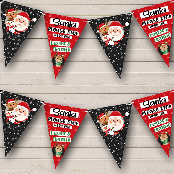 Black And Red Santa With Snowman And Reindeer Personalised Christmas Bunting