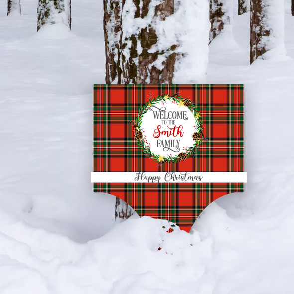 Welcome Tartan Wreath Personalised Decoration Christmas Outdoor Garden Sign