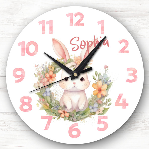 Watercolour Floral Rabbit Girls Baby Nursery Room Custom Gift Personalised Clock