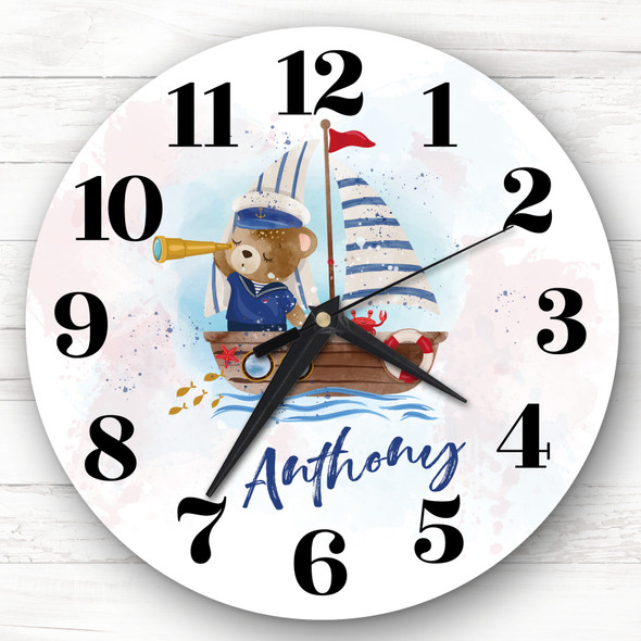 Watercolour Sailor Teddy Bear Nautical Boys Room Custom Gift Personalised Clock