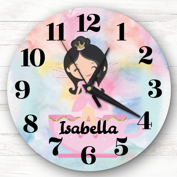 Rainbow Pink Dress Dark Hair Fairy Girls Room Custom Gift Personalised Clock