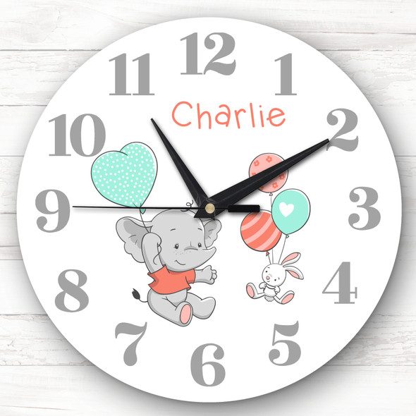 Flying Elephant Rabbit Balloon Baby's Nursery Custom Gift Personalised Clock