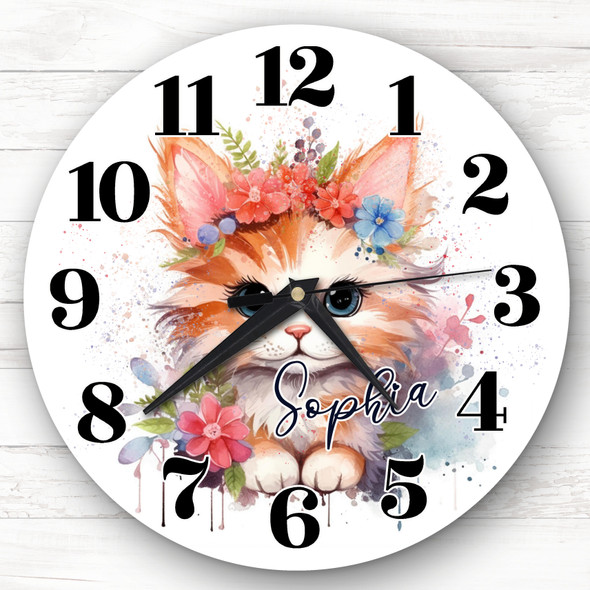 Watercolour Cat Floral Cute Kitten Girls Room Custom Gift Personalised Clock