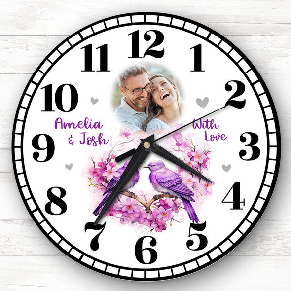 Romantic Couple Love Birds Photo Gift Purple Custom Gift Personalised Clock