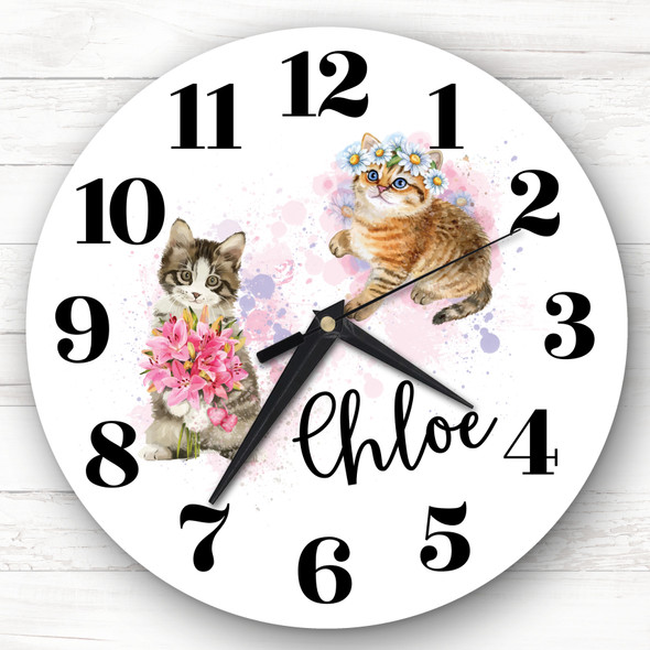 Watercolour Floral Kittens Cats Girls Room Custom Gift Personalised Clock