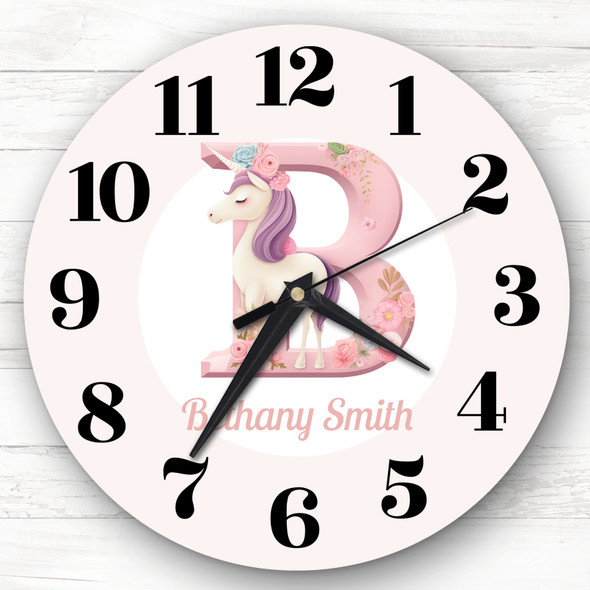 Pink Unicorn Alphabet Letter B Girls Room Custom Gift Personalised Clock