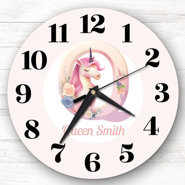 Pink Unicorn Alphabet Letter Q Girls Room Custom Gift Personalised Clock