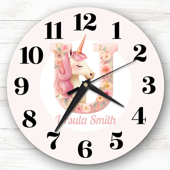 Pink Unicorn Alphabet Letter U Girls Room Custom Gift Personalised Clock