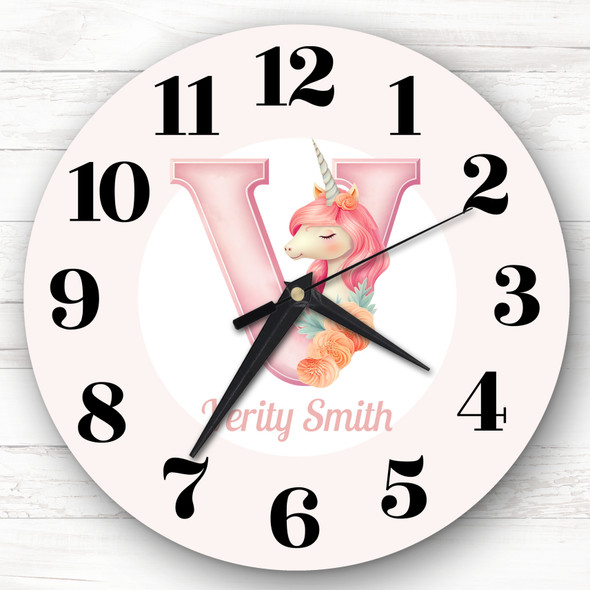 Pink Unicorn Alphabet Letter V Girls Room Custom Gift Personalised Clock