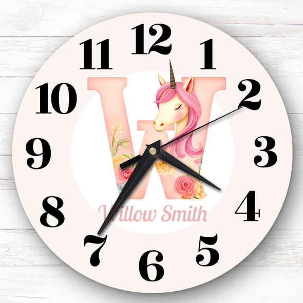 Pink Unicorn Alphabet Letter W Girls Room Custom Gift Personalised Clock