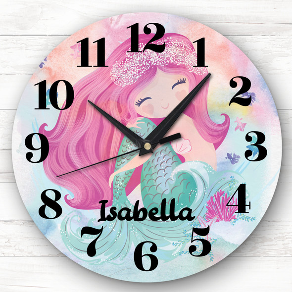 Watercolour Rainbow Mermaid Girls Room Custom Gift Personalised Clock