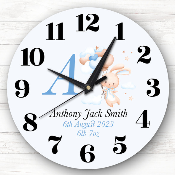 Blue Floating Baby Boys Nursery Bunny Custom Gift Personalised Clock