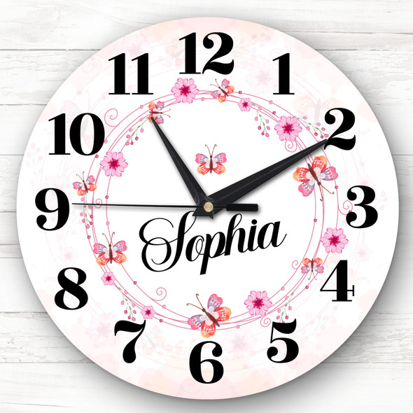 Pink Butterflies Floral Girls Room Custom Gift Personalised Clock