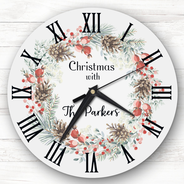 Christmas Wreath Vintage Family Name Personalised Gift Personalised Clock