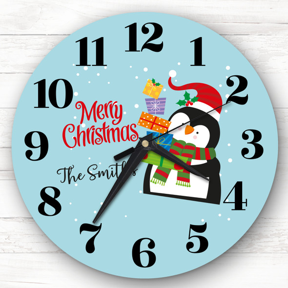 Christmas Penguin Holding Presents Personalised Gift Personalised Clock