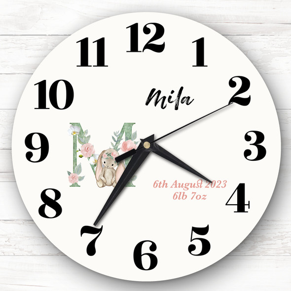Baby Floral Watercolour Animal Alphabet Letter M Gift Personalised Clock