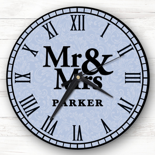Mr & Mrs Blue Floral Background Romantic Couple Gift Personalised Clock