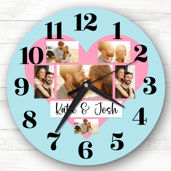 Couple Love Heart Photos Blue Romantic Personalised Gift Personalised Clock