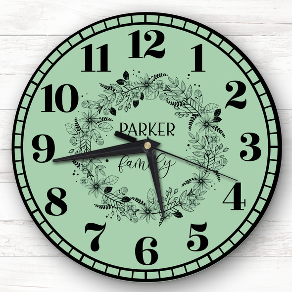Sage Green Black Floral Wreath Family Name Personalised Gift Personalised Clock