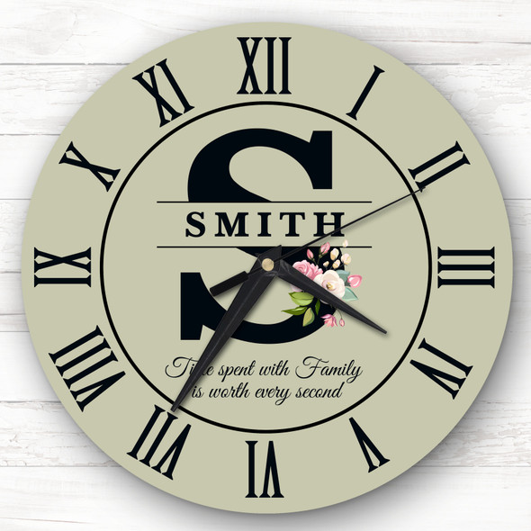 Sage Green Floral Family Name Any Initial Personalised Gift Personalised Clock