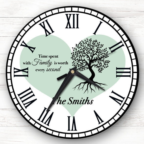 Family Tree Black Silhouette Heart Green Personalised Gift Personalised Clock