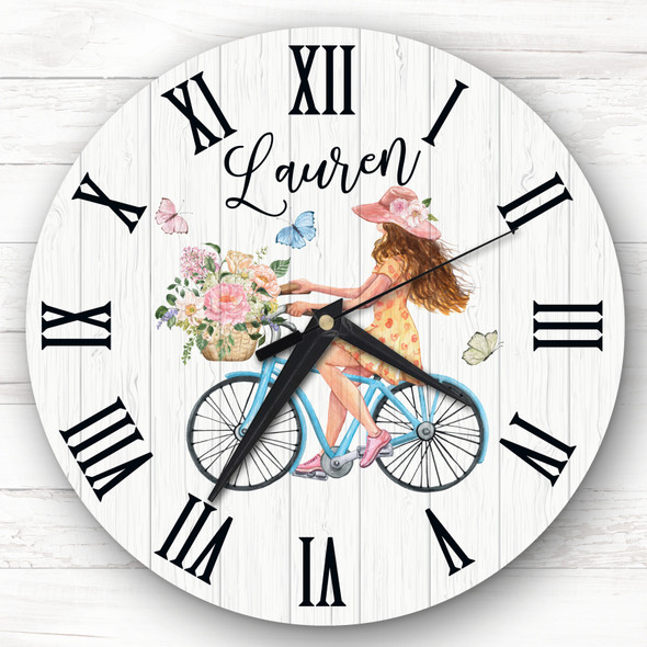 Wood Effect Woman Bicycle Floral Basket Personalised Gift Personalised Clock