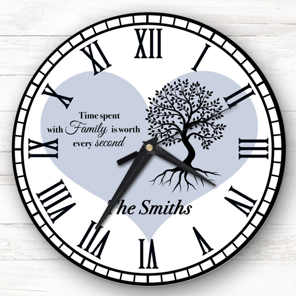 Family Tree Black Silhouette Heart Blue Personalised Gift Personalised Clock