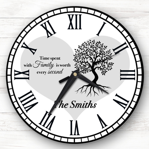 Family Tree Black Silhouette Heart Grey Personalised Gift Personalised Clock