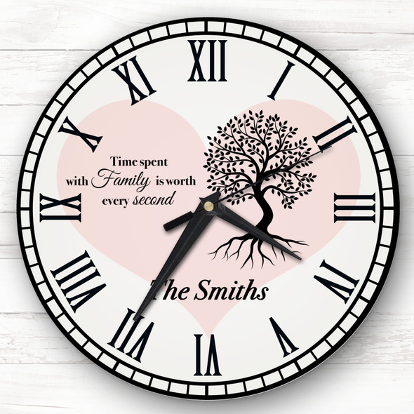 Family Tree Black Silhouette Heart Pink Personalised Gift Personalised Clock