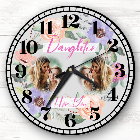 Daughter I Love You Photo Flowers Grey Personalised Gift Personalised Clock